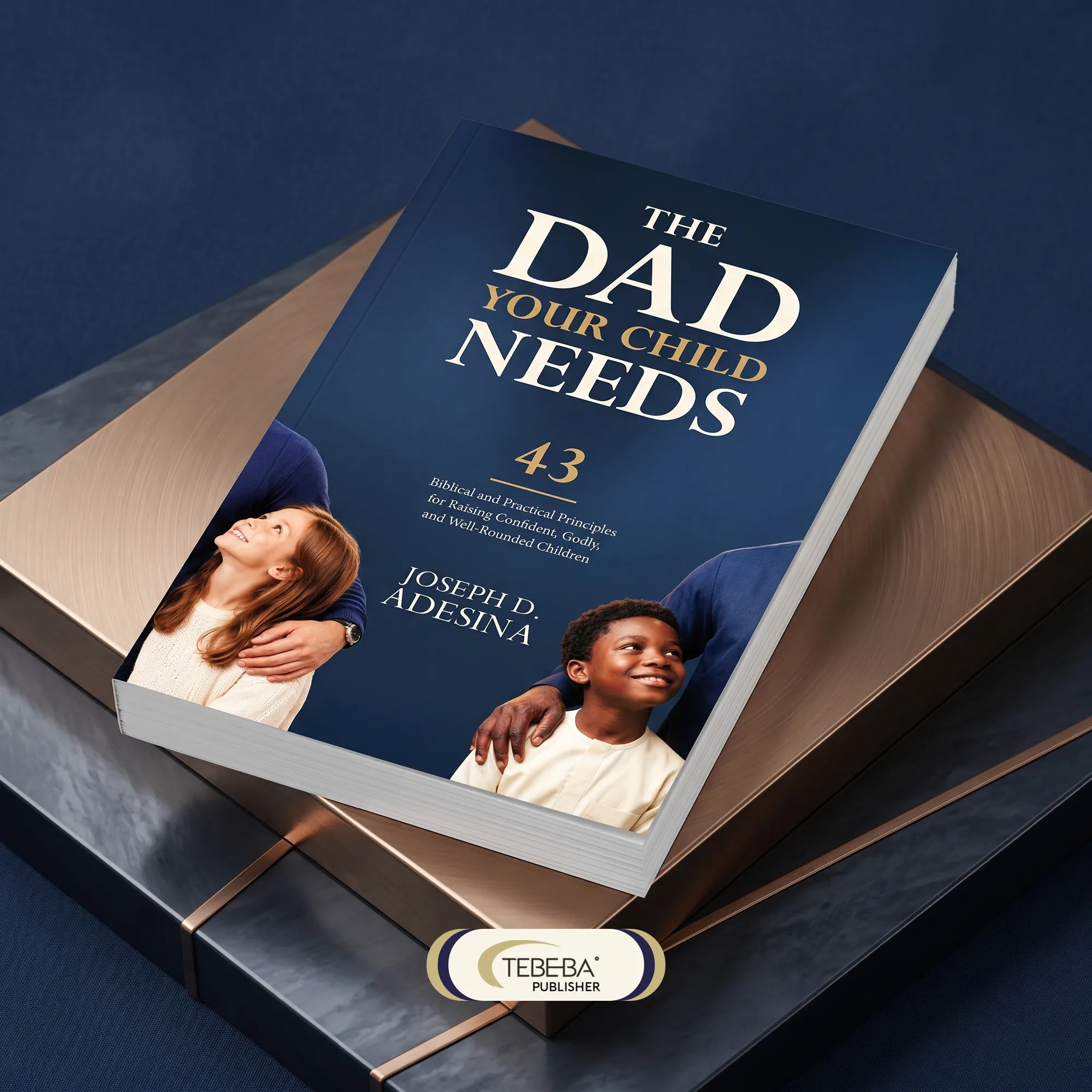 The Dad Your Child Needs lying on a bronze box on a navy surface